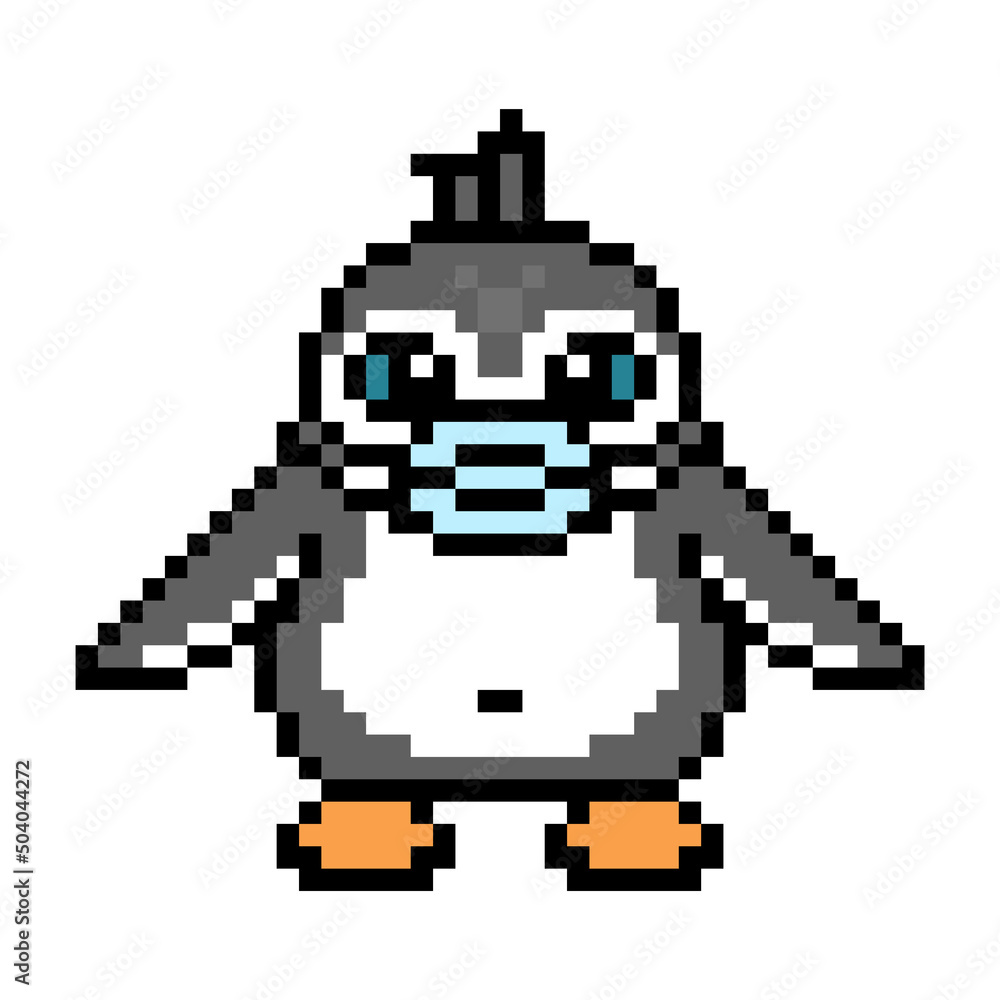 Penguin in medical face mask, cute cartoon pixel art animal character isolated on white background. Covid-19 protection. Old school retro 80s, 90s 8 bit slot machine, computer, video game graphics.