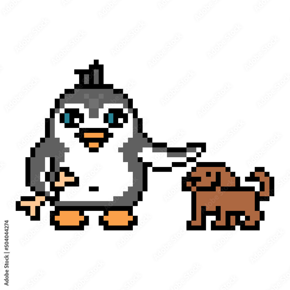 Obraz premium Penguin pet owner training a dog with a bone, cute pixel art animal character isolated on white background. Old school retro 80s, 90s 8 bit slot machine, computer, video game graphics. Cartoon mascot.