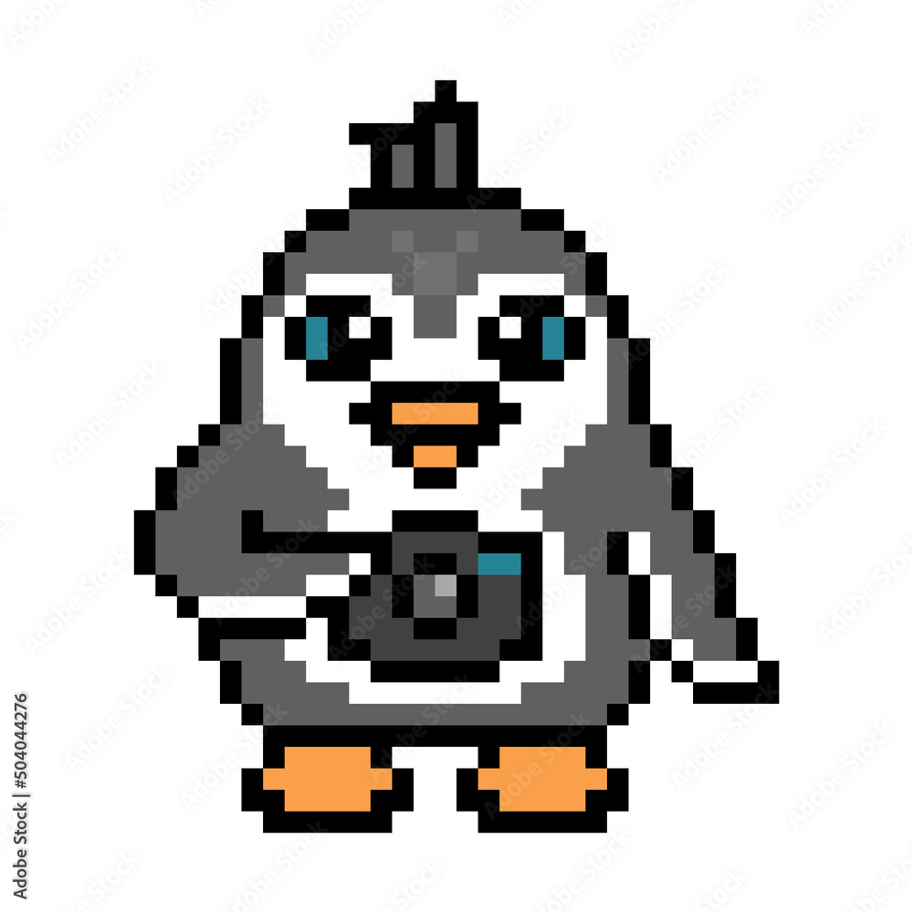 Obraz premium Penguin photographer with a camera, cute pixel art animal character isolated on white background. Old school retro 80s, 90s 8 bit slot machine, computer, video game graphics. Cartoon cameraman mascot.