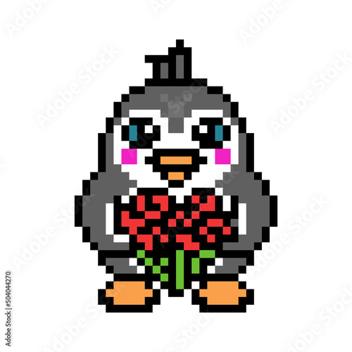 Penguin with a big bouquet of red roses, cute cartoon pixel art animal character isolated on white background. Romantic gift.Old school retro 80s, 90s 8 bit slot machine, computer, video game graphics © Ksenia
