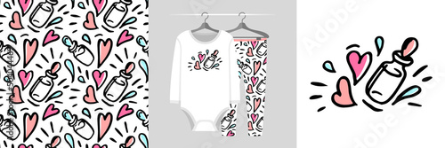 Seamless pattern and illustration set with baby food bottle and hearts. Baby design pajamas, background for apparel, room decor, tee prints, baby shower, fabric design, wrapping