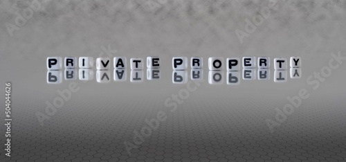 private property word or concept represented by black and white letter cubes on a grey horizon background stretching to infinity