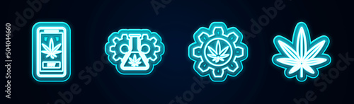 Set line Online buying marijuana, Test tube with, and Marijuana or cannabis leaf. Glowing neon icon. Vector