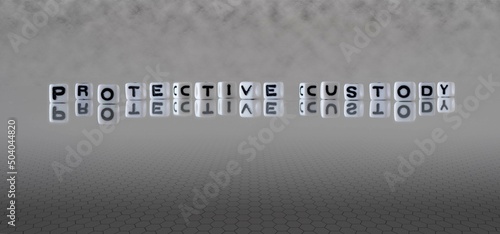 protective custody word or concept represented by black and white letter cubes on a grey horizon background stretching to infinity