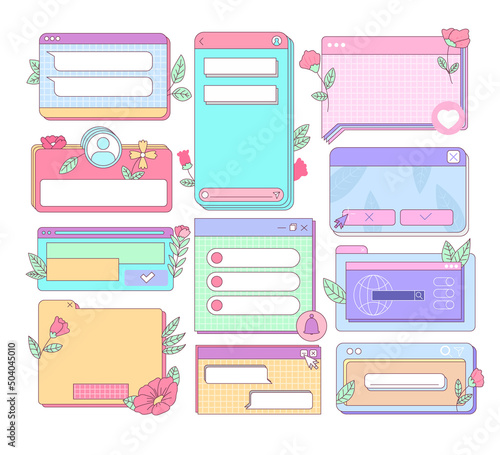 Isolated Vintage Retro Social Media templates, UI Frames and elements pop up window, search bar, countdown, pop up, quiz and question interface with pink purple vivid color