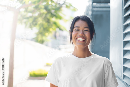 Portrait of hispanic woman smiling. Copy space. photo
