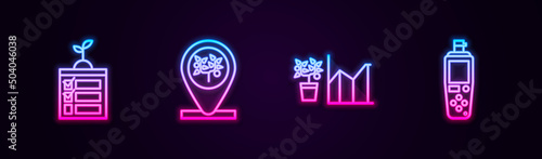 Set line Smart farming technology, Location and tree, Flower statistics and Portable sensor. Glowing neon icon. Vector