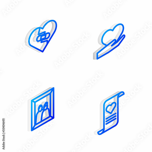 Set Isometric line Heart in hand, Healed broken heart, Picture frame and Envelope with Valentine icon. Vector