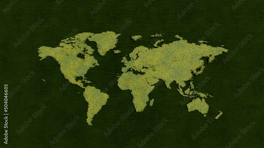 Map world from leaves on grass background. 3D rendering