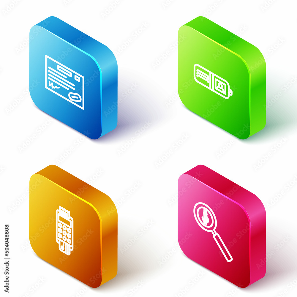Set Isometric line Warranty certificate template, Wallet, POS terminal with credit card and Magnifying glass and dollar icon. Vector Set Isometric line Warranty certificate template, Wallet, POS terminal with credit card and Magnifying glass and dollar icon. Vector