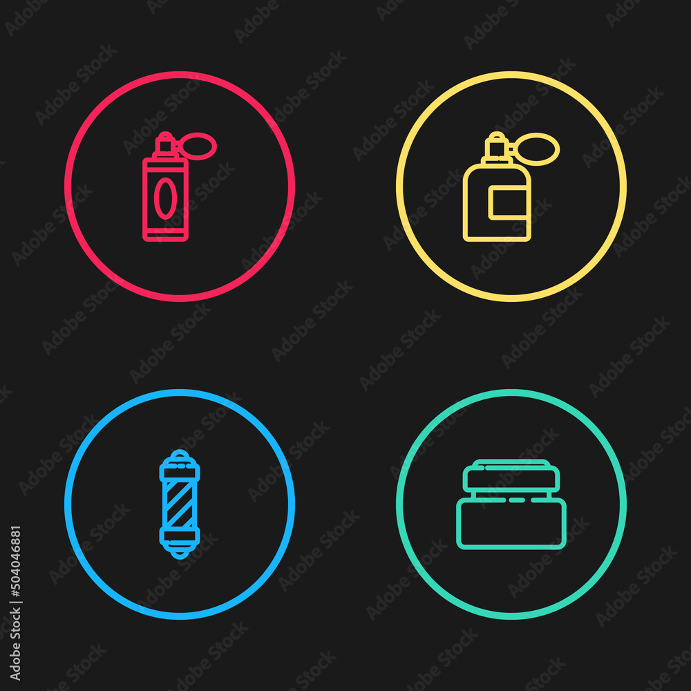 Set line Classic Barber shop pole, Cream or lotion cosmetic tube, Aftershave bottle with atomizer and icon. Vector Set line Classic Barber shop pole, Cream or lotion cosmetic tube, Aftershave bottle with atomizer and icon. Vector