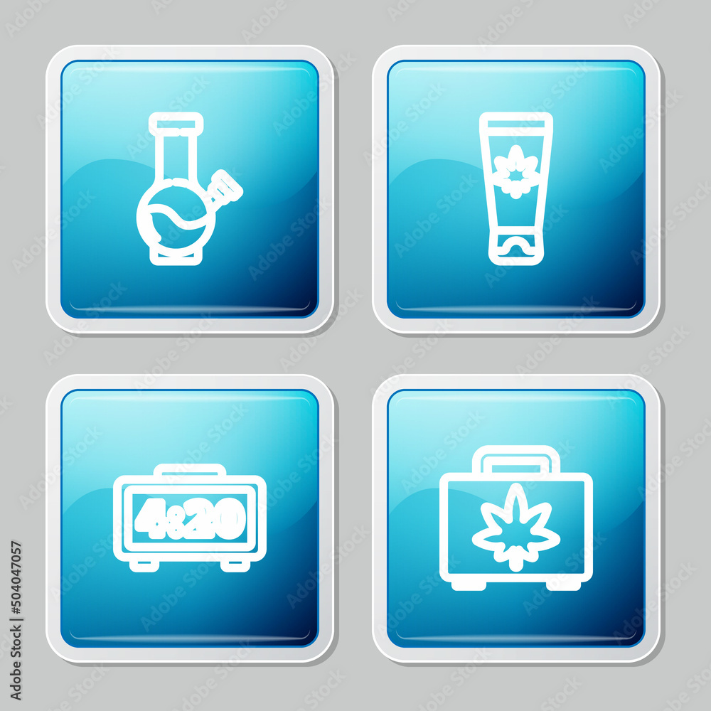 Set line Glass bong for smoking marijuana, Medical cream with, Digital alarm clock and Shopping box of icon. Vector Set line Glass bong for smoking marijuana, Medical cream with, Digital alarm clock and Shopping box of icon. Vector
