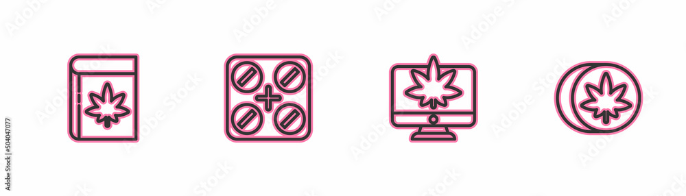Set line Book and marijuana or cannabis, Monitor, Medical pills with and Herbal ecstasy tablets icon. Vector Set line Book and marijuana or cannabis, Monitor, Medical pills with and Herbal ecstasy tablets icon. Vector