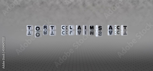 tort claims act word or concept represented by black and white letter cubes on a grey horizon background stretching to infinity