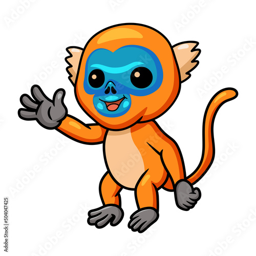 Cute little golden monkey cartoon waving hand