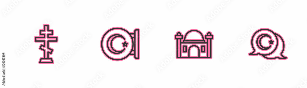 Set line Christian cross, Muslim Mosque, Star and crescent and icon. Vector Set line Christian cross, Muslim Mosque, Star and crescent and icon. Vector