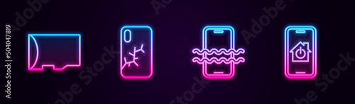 Set line Micro SD memory card, Mobile with broken screen, Waterproof phone and smart home. Glowing neon icon. Vector