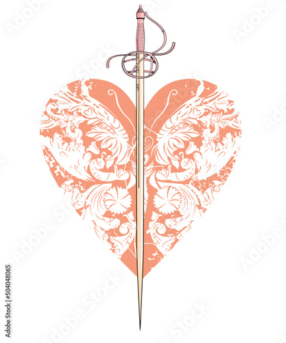 T-shirt design with a heart adorned with arabesques and an ancient sword isolated on wite 