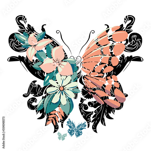 t-shirt design of a butterfly mixed with flowers. Vector illustration for posters.