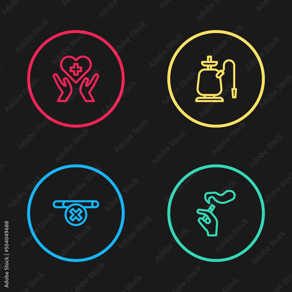 Set line No smoking, Hand with cigarette, Hookah and Heart cross icon. Vector Set line No smoking, Hand with cigarette, Hookah and Heart cross icon. Vector