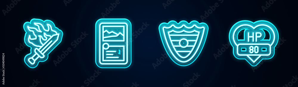 Set line Sword for game, Card collection, Shield and Video bar. Glowing neon icon. Vector Set line Sword for game, Card collection, Shield and Video bar. Glowing neon icon. Vector
