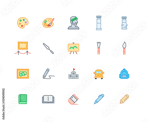 Collection of Art class and drawing color icons. Set of brush, paint symbols drawn with thin contour lines. Vector illustration.