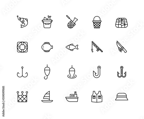Collection of Fish linear icons. Set of fishing rod, Fishing net, symbols drawn with thin contour lines. Vector illustration. photo