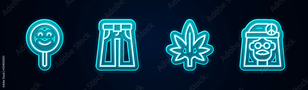 Set line Smile face, Jeans wide, Marijuana and Hippie girl. Glowing neon icon. Vector Set line Smile face, Jeans wide, Marijuana and Hippie girl. Glowing neon icon. Vector