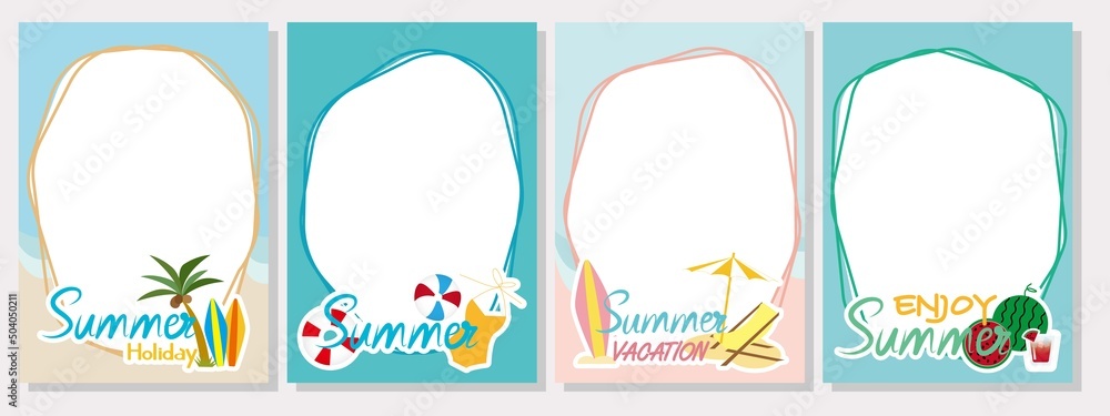 Set of summer concept decorative template. Summer illustration frames collection. Vector illustration.