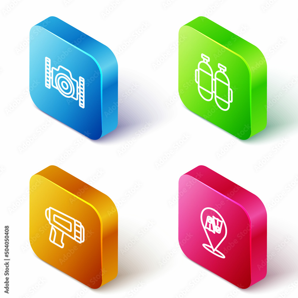 Set Isometric line Photo camera for diver, Aqualung, Flashlight and Flippers swimming icon. Vector Set Isometric line Photo camera for diver, Aqualung, Flashlight and Flippers swimming icon. Vector