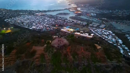 Aerial drone shot of Hawaii Kai Lookout ,Scenic Hawaii panning shot from Koko Head, Maunalua Bay. 4K photo