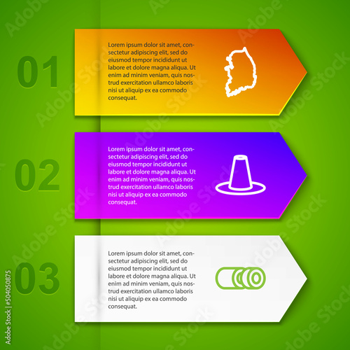 Set line South Korea map, Korean hat and Sushi. Business infographic template. Vector