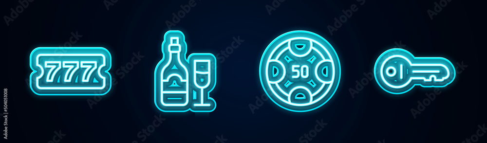 Set line Lottery ticket, Champagne bottle with glass, Casino chips and Old key. Glowing neon icon. Vector