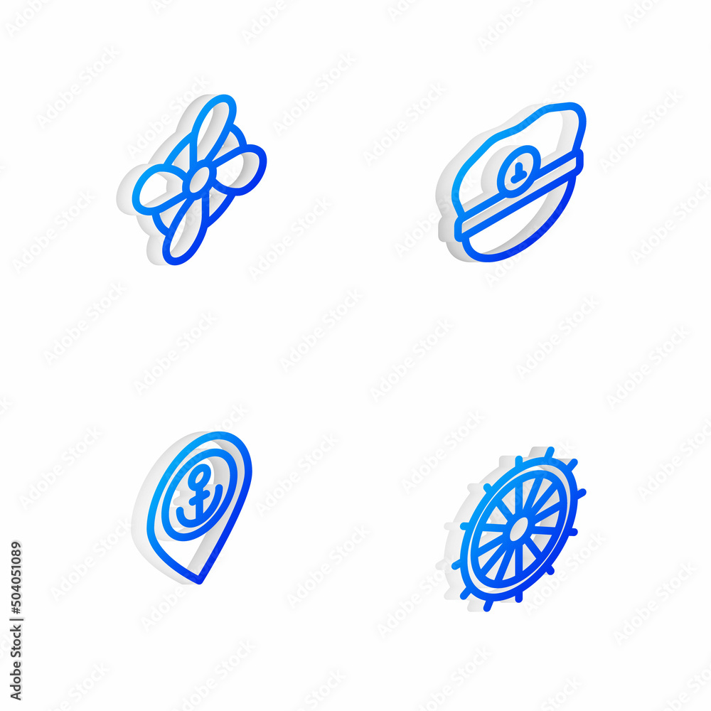 Set Isometric line Captain hat, Boat propeller, Location with anchor and Ship steering wheel icon. Vector Set Isometric line Captain hat, Boat propeller, Location with anchor and Ship steering wheel icon. Vector