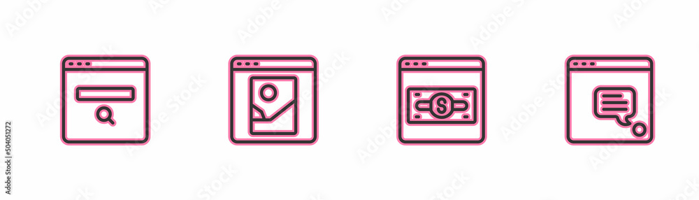 Set line Search engine, Online shopping on screen, Photo retouching and New chat messages notification icon. Vector Set line Search engine, Online shopping on screen, Photo retouching and New chat messages notification icon. Vector