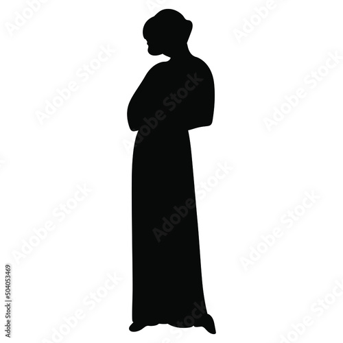 
Standing medieval character in long dress. Gothic monk or woman. Black silhouette on white background.
