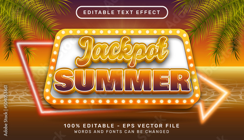 jackpot summer 3d editable text effect with chip illustration and sunset in sea landscape background photo