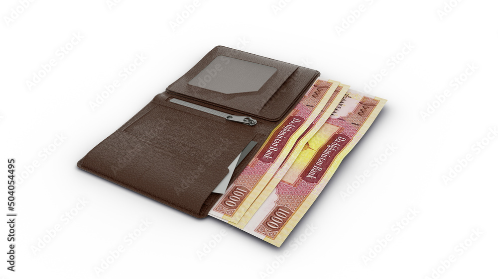 3D rendering of Afghan Afghanis notes in wallet 3D rendering of Afghan Afghanis notes in wallet