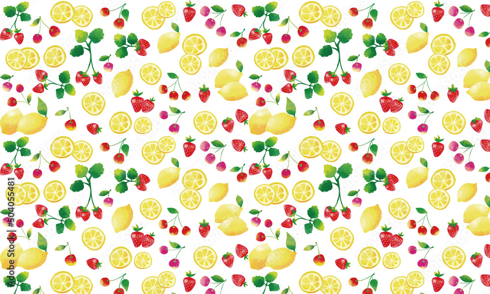 水彩タッチ　イチゴとレモンとサクランボパターン