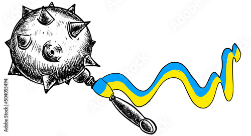 Mace sketch with Ukrainian ribbon on a white background. A symbol of power in Ukraine and its Cossack history. Vector mace with place for text. Spiked weapons from the 16th century.