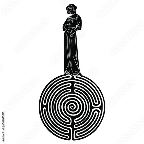 Gothic medieval woman standing on top of a round spiral maze or labyrinth symbol. Ariadne. Creative concept. Black and white negative silhouette.