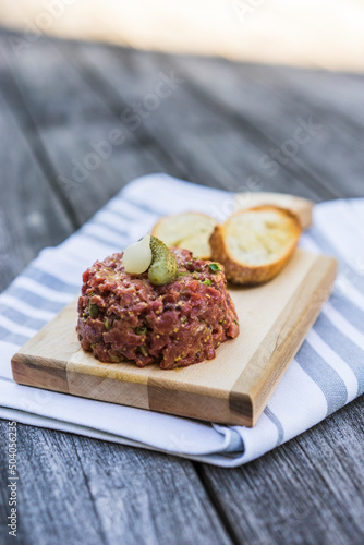 Beef tartare with pickle and crouton