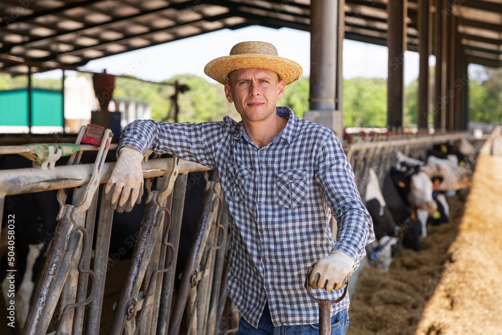 Positive male farmer posing in cowshed at dairy farm