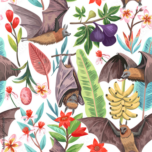 Seamless pattern with exotic tropical fruits , flowers and cute flying foxes, fruit bats. Tropical paradise colorful original print
