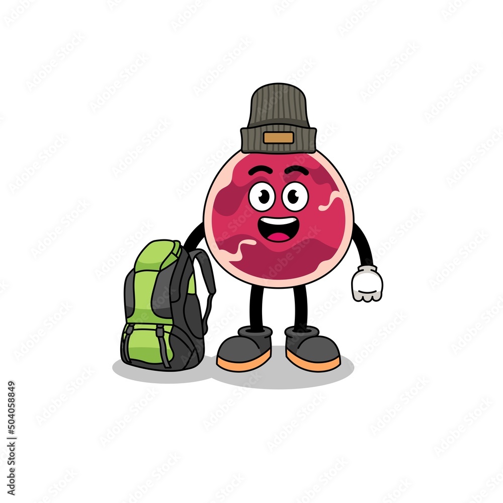 Illustration of meat mascot as a hiker