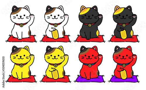 つぶらな瞳の招き猫イラストのセット