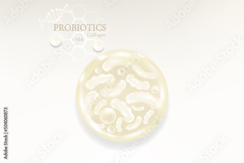 Probiotic and Hyaluronic acid skin solutions ad, white collagen and vitamin serum drop with cosmetic advertising background ready to use, illustration vector.