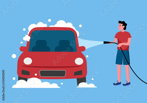 Man husband washing car at home in flat design.