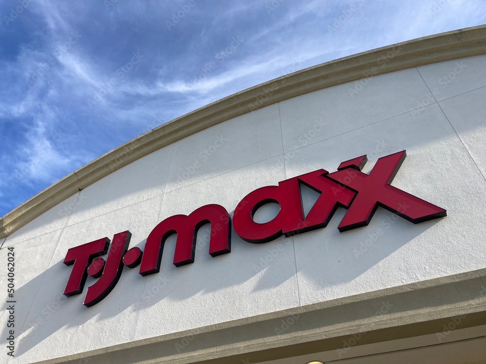 Looking up at TJ Maxx department store logo. TJ Maxx is an American