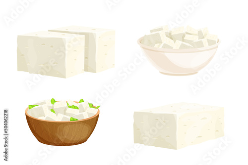 Set feta cheese pieces, tofu portion in bowl in cartoon style detailed ingredient isolated on white background. Greek curd white cheese made from sheep milk or milk bean. 